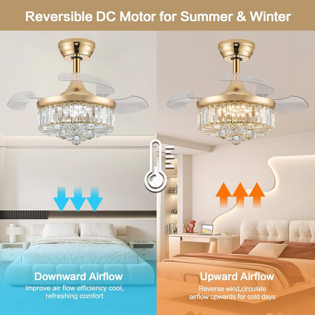 30" Retractable Crystal Ceiling Fan with Light, RGB Modern Fandelier 6 Speeds Reversible Blades Dimmable Chandelier