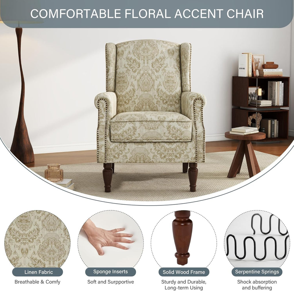 Floral Wingback Accent Chair, Fabric Upholstered High Back Armchair | Printed Reading Seat with Wooden Legs &