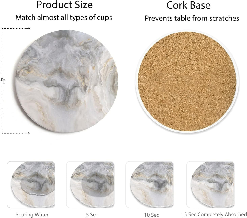 Abstract Gray White Marble Coasters with Holder, Absorbent Ceramic Coasters for Drinks, Coasters with Cork - Set of 6