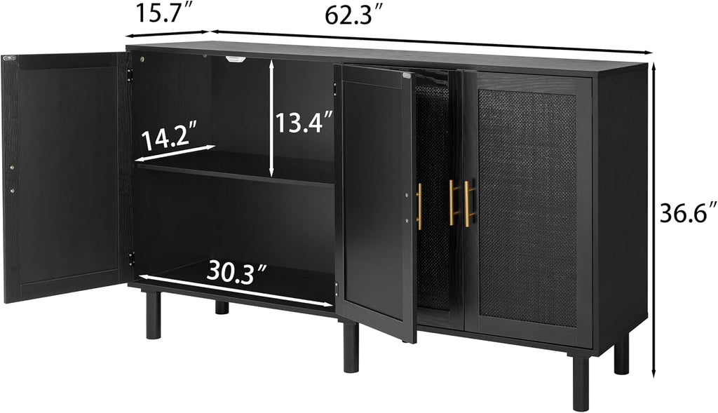 4 Door Sideboard Buffet Cabinet, Kitchen Storage Buffet with Black Painted Rattan Decorated Doors