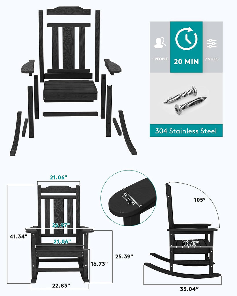 HDPE Oversized Outdoor Rocking Chairs Set of 2, Patio Rocker, Black | Heavy Duty Front Porch Rocker, All Weather