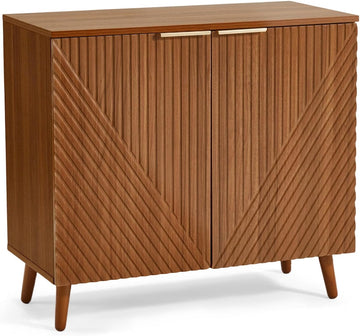 Fluted Brown Wood Sideboard Buffet Storage Cabinet with Doors | Adjustable Shelf, Modern Accent Table, Sturdy Frame