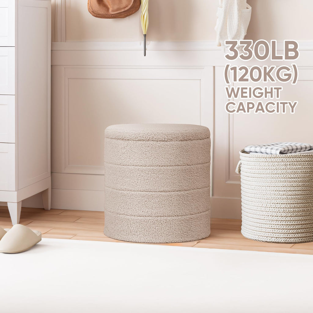 Round Folding Storage Ottoman, Beige Boucle Footstool