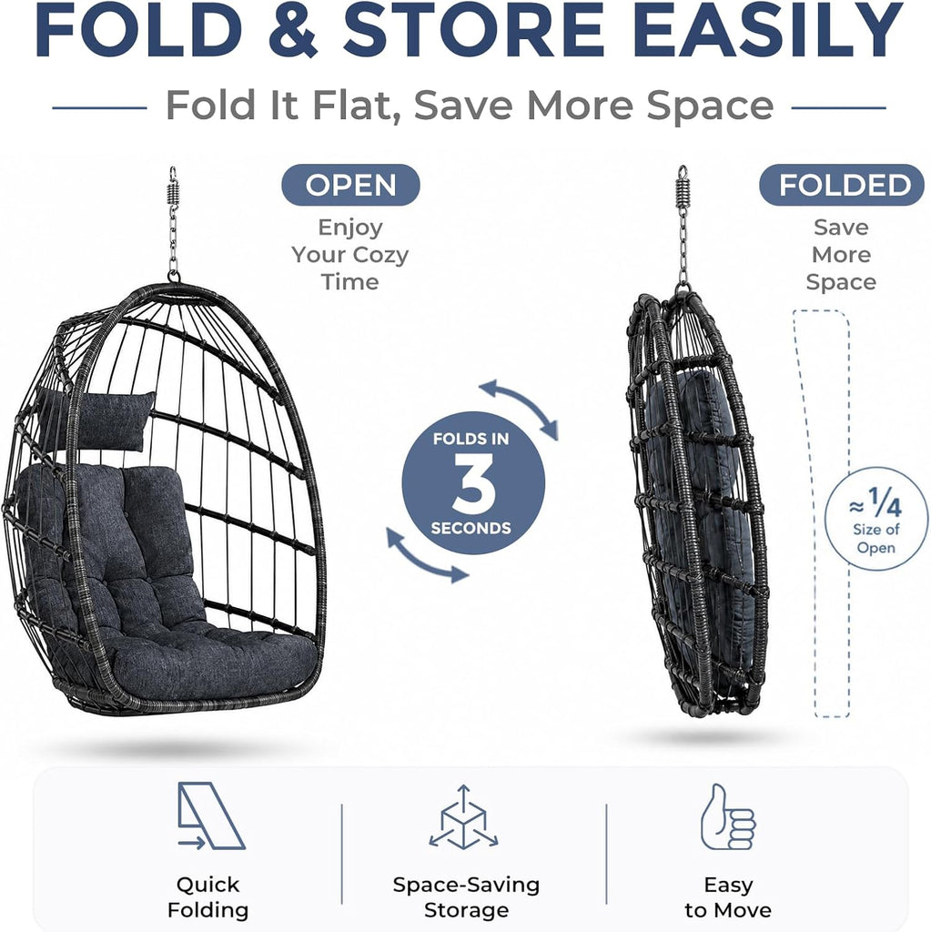Outdoor Hanging Egg Chair with Stand, Indoor Wicker Egg Shaped Swing Chair with Cushion, 370lbs Capacity Comfy Patio
