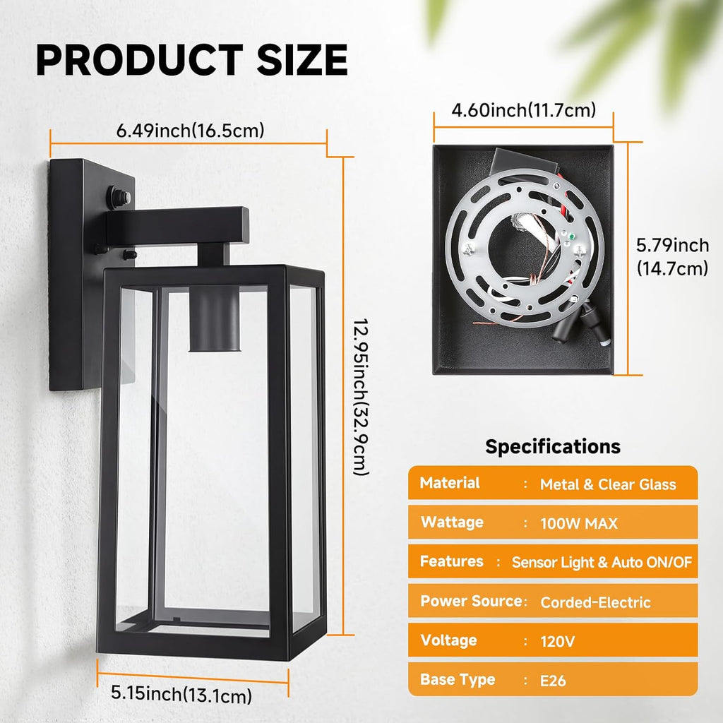 Dusk to Dawn Sensor Outdoor Wall Sconce, Exterior Porch Lantern Fixture with E26 Socket & Glass Shade