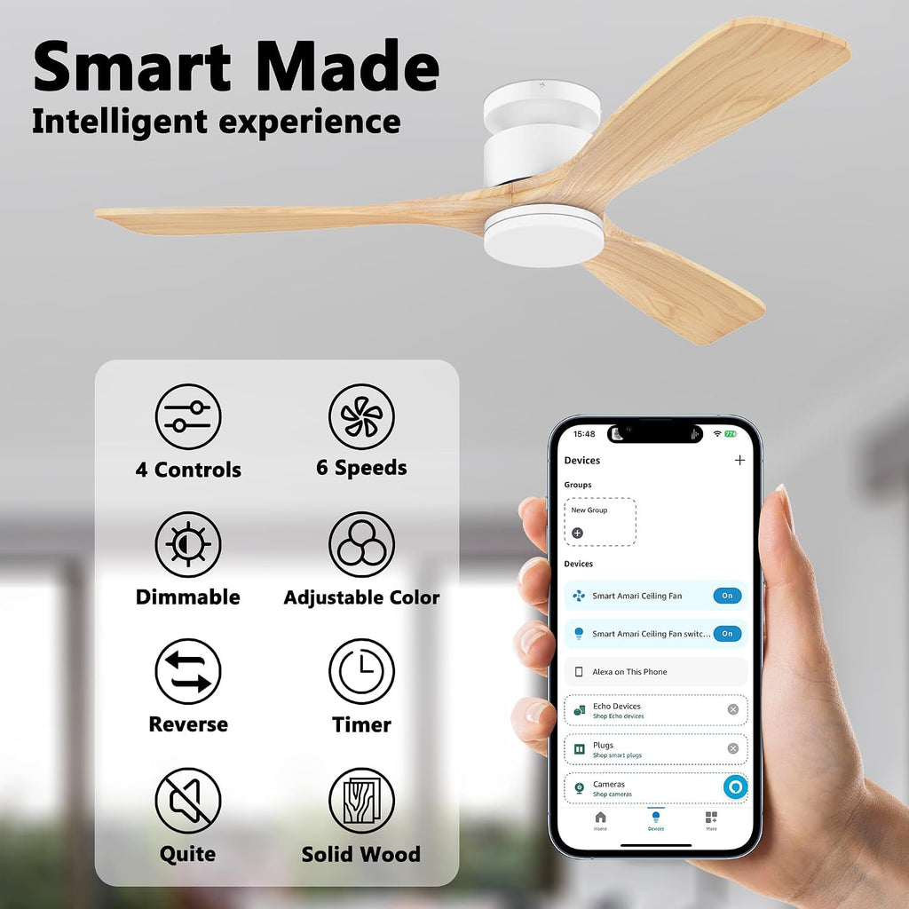 52 Inch Smart Flush Mount Ceiling Fans with Lights Remote, Wood Outdoor Indoor Ceiling Fan, WIFI Alexa App Control