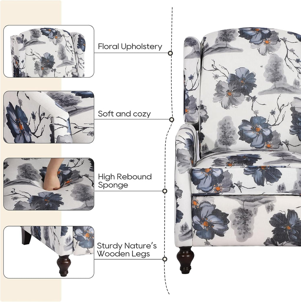 Upholstered Wingback Recliner Chair, Mid Century Modern Manual Push Back Recliner (1, Blue Floral)