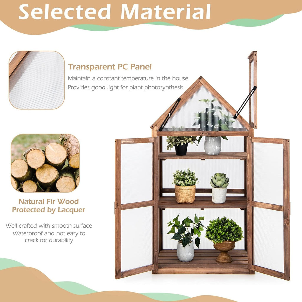 Wooden Cold Frame Greenhouse with 3 Removable Shelves for Outdoor | Portable Raised Flower Planter Shelf w/