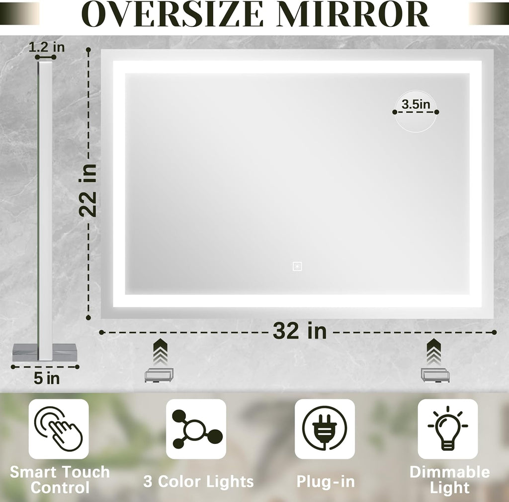 32x 22 Inch Large Lighted Vanity Mirror with Dimmable 3 Modes, LED Makeup Mirror ＆ Dressing Room, Tabletop or Wall