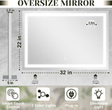 32x 22 Inch Large Lighted Vanity Mirror with Dimmable 3 Modes, LED Makeup Mirror ＆ Dressing Room, Tabletop or Wall