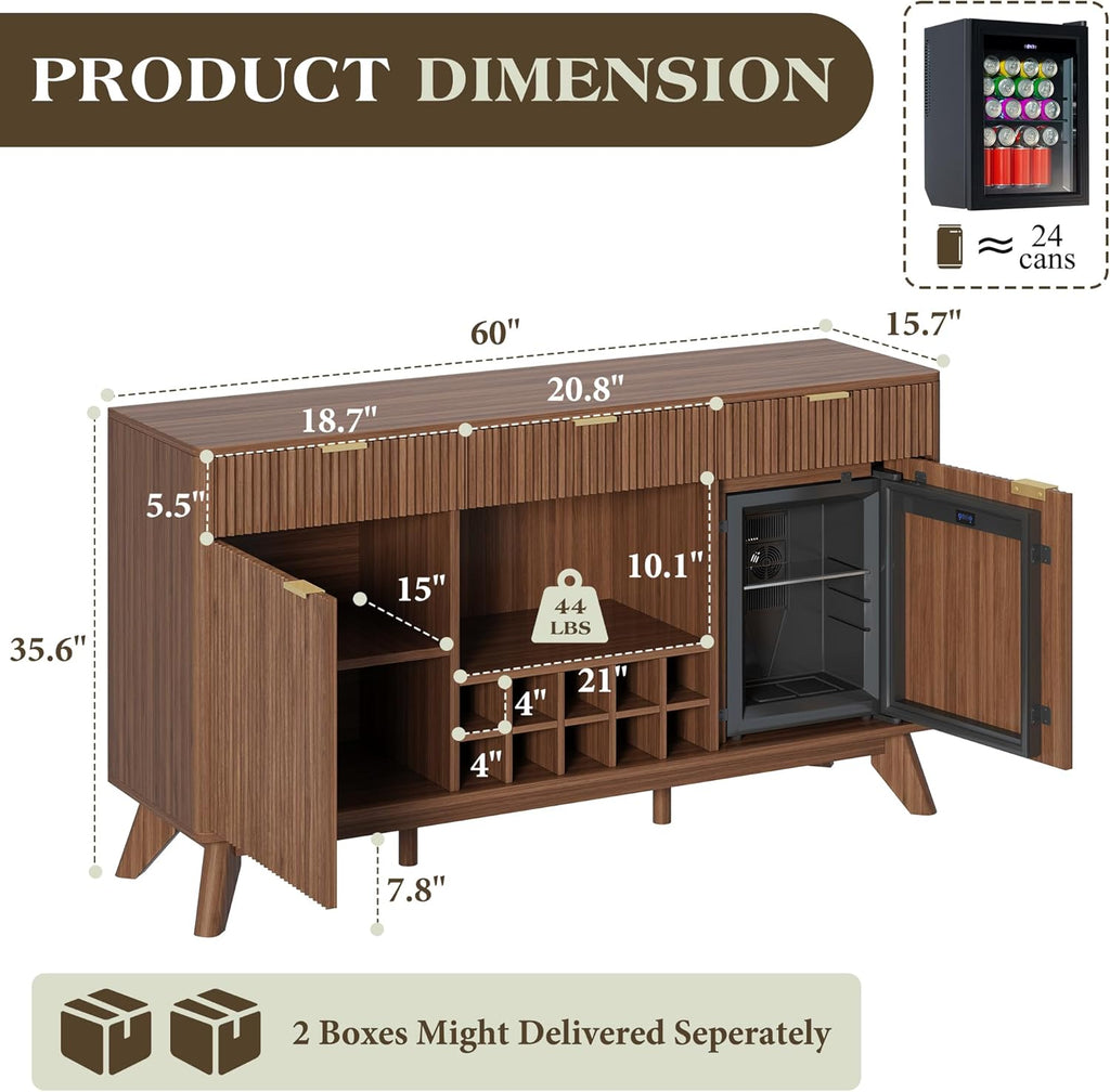 60" Wine Bar Cabinet, Coffee Bar Cabinet with Fridge, Sideboard Cabinet | Waveform Fluted Door, Adjustable Shelves, 3