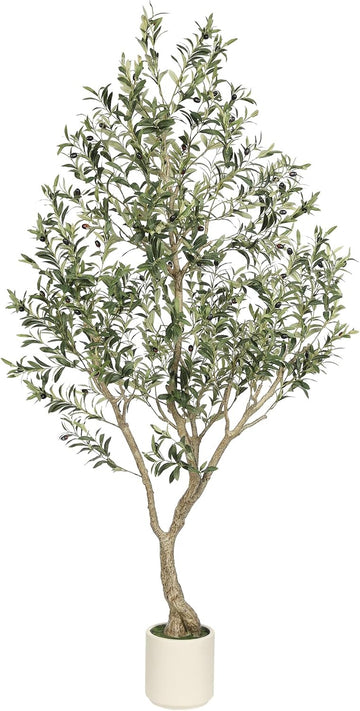 Faux Olive Tree 7ft with Sturdy White Planter, Artificial Olive Tree