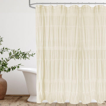Beige Shower Curtain Rustic Farmhouse Shower Curtain 72 x 72 | Cotton-blend fabric, pinched pleats, textured woven