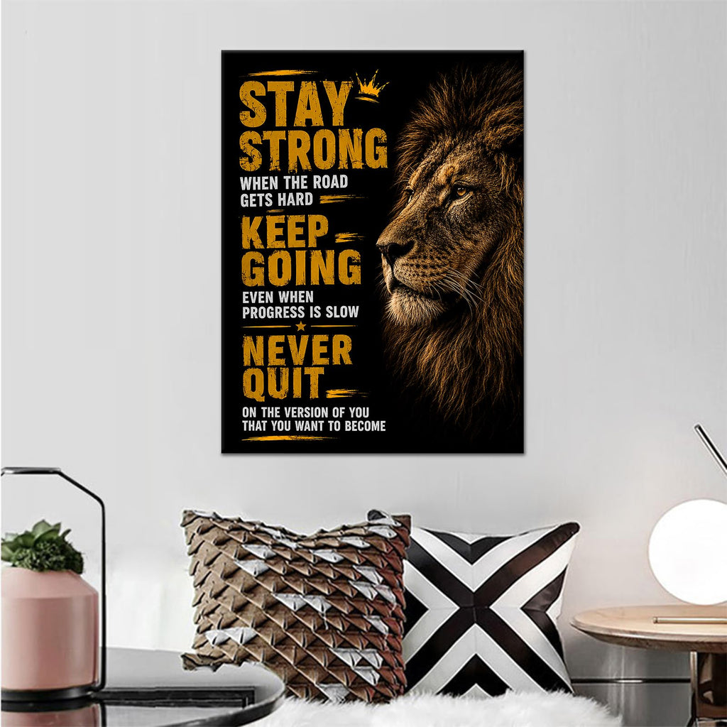 Stay Strong Wall Art, Black Gold Lion Typography Canvas Artwork