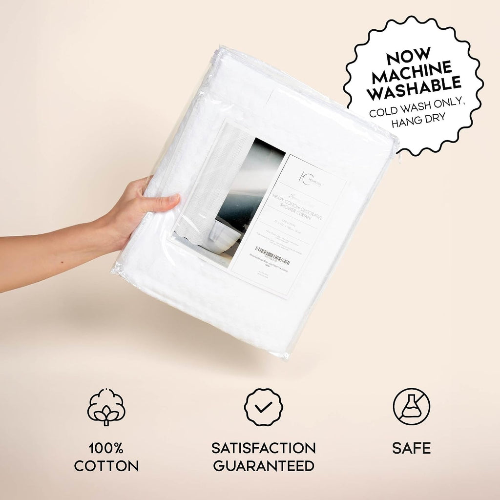White Waffle Weave Shower Curtain, Heavyweight 100% Cotton Fabric, Luxury Hotel Spa Quality, 72 x 72