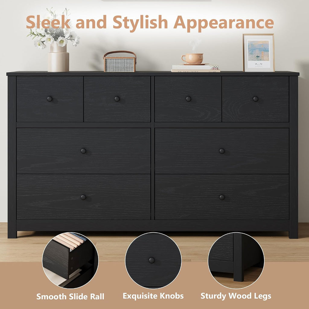 Black 8 Drawer Dresser, Large Modern Dresser for Closet, Bedroom | Storage Chest with Large Drawers & Wide Top