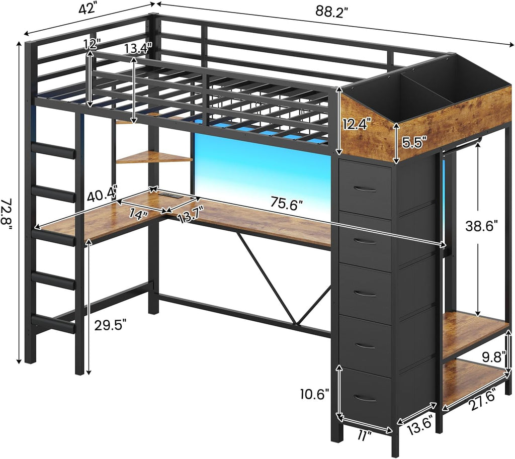 Loft Bed Twin with Hall Tree, Charging Station and LED Lights, Metal Loft Bed with L-Shaped Desk, 5 Storage Drawers