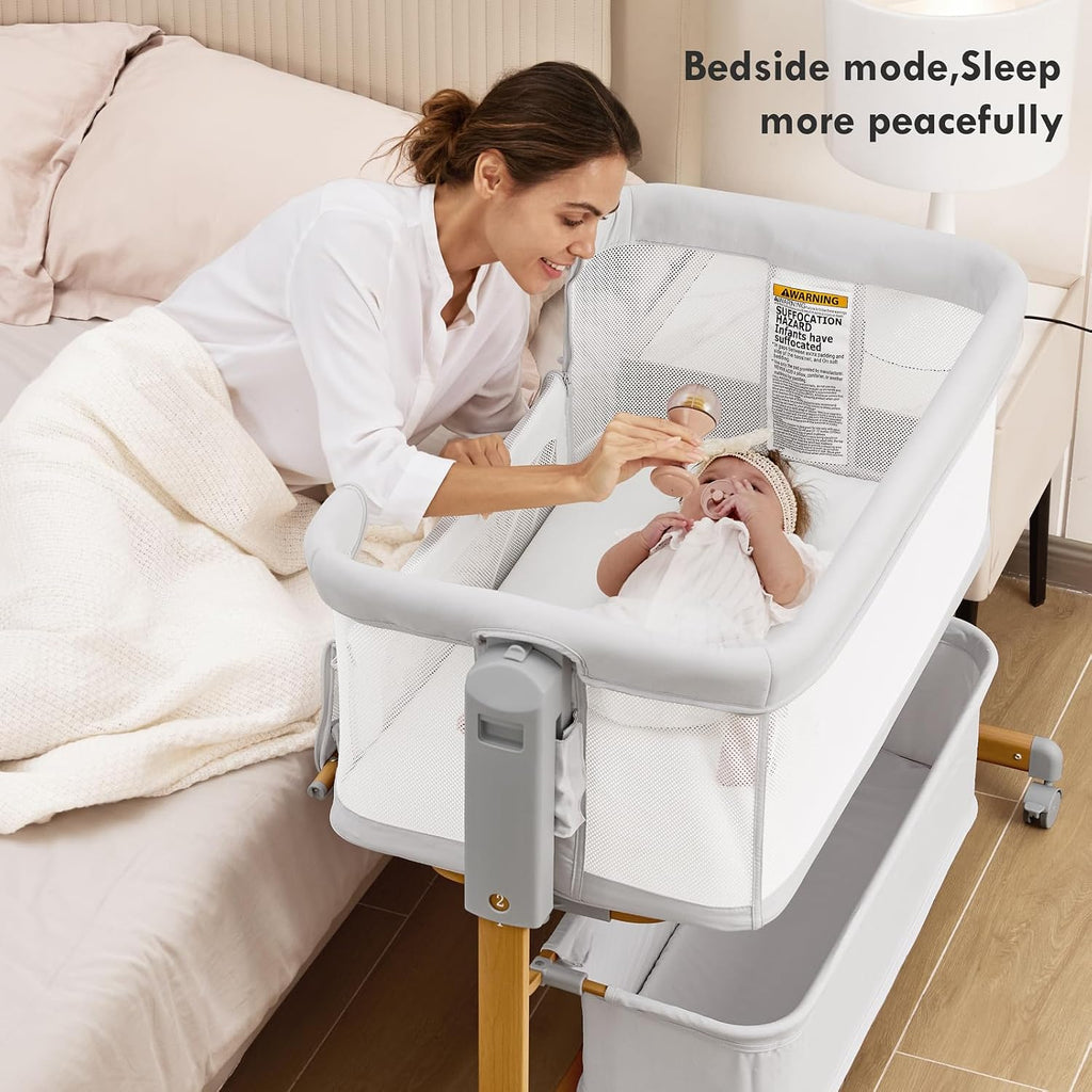 Bassinet Bedside Sleeper, 3-in-1 Rocking Bassinet for Baby with 6-Level Height Adjustable, 4 Wheels & Breathable Mesh