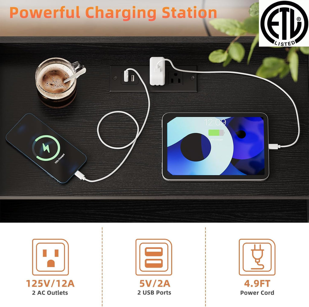 Nightstand with Charging Station and LED Light,Modern Nightstand with USB Ports and Outlets,Wooden Bedside Tables