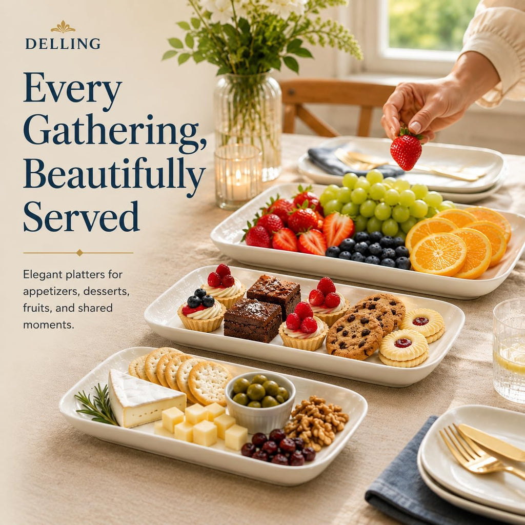Large Serving Platter Set of 3, 16/14/12 Inch Porcelain Serving Trays for Party - White Ceramic Rectangular Platters