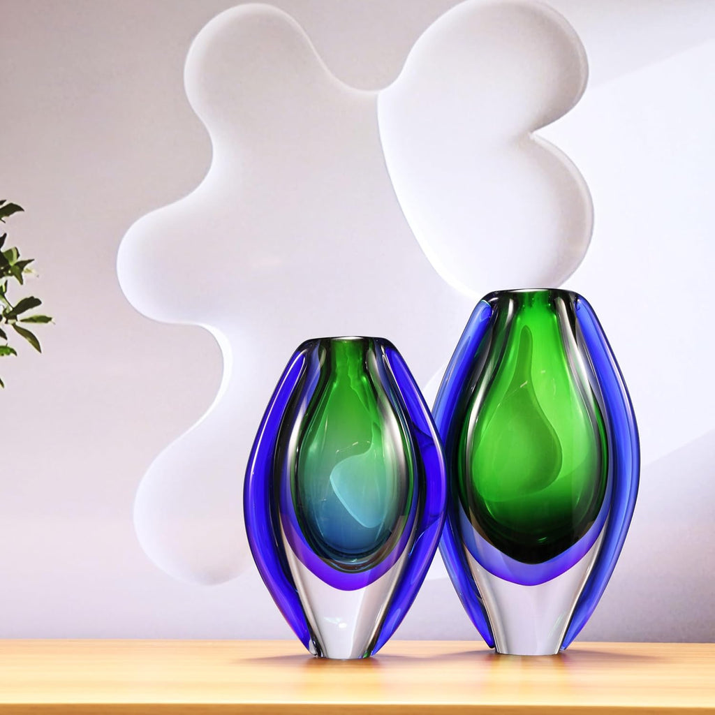 Hand Blown Sommerso Oval Art Glass Vase for Decor 8.5 inch Tall Centerpiece Table Decoration Emerald Green
