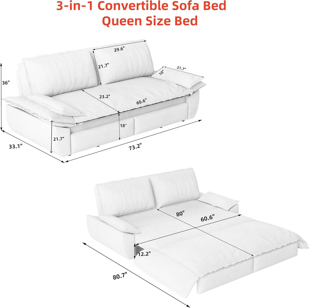 3-in-1 Convertible Sofa Bed Queen Size Pull Out Sleeper Sofa with Heavy Duty Metal Frame, Luxurious Velvet