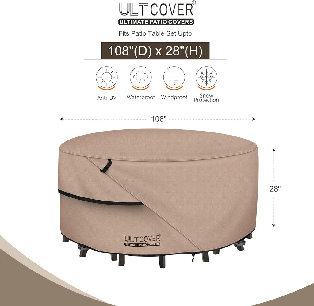 Round Patio Furniture Cover - Outdoor Waterproof Table with Chair Set Cover 108 inch