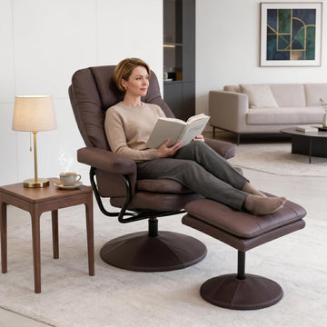 Modern Reclining Swivel Lounge Chair and Ottoman — Brown Leather