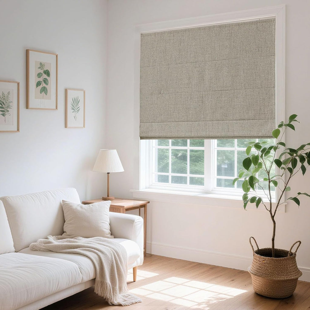 Cordless Roman Shades, Linen Fabric Window Blinds, Thermal Insulated Blackout Blinds, Room Darkening Shades for Indoor Windows, Easy to Install, Linen