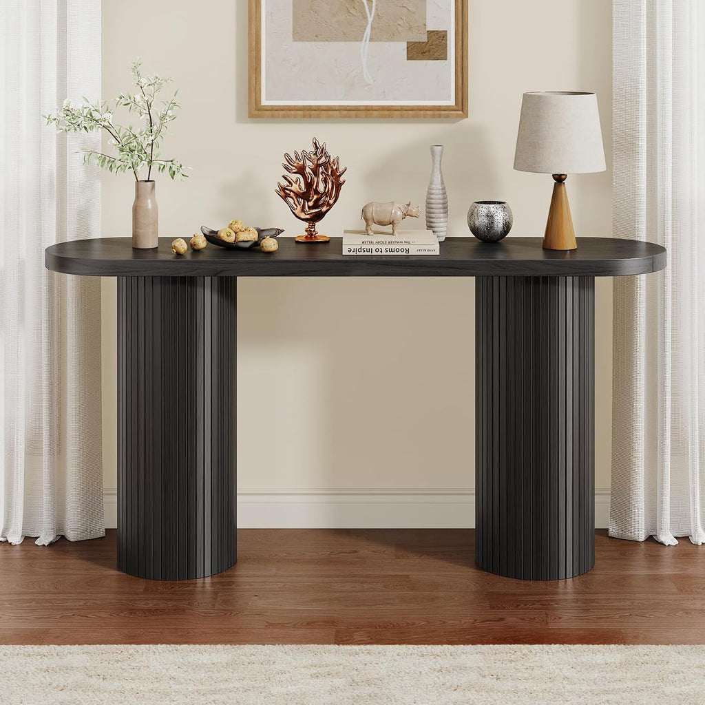 55 Inch Entryway Console Table, Sofa Table Narrow Long Behind Couch, Black | Fluted Design, Oval Wood Table