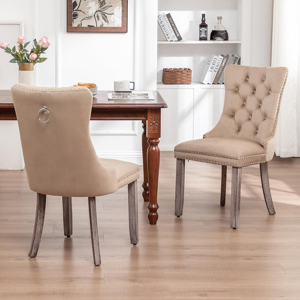 Velvet Dining Chairs Set of 6, Upholstered Dining Room Chairs with Nailhead Ring Pull Trim, Button Tufted Wing Back