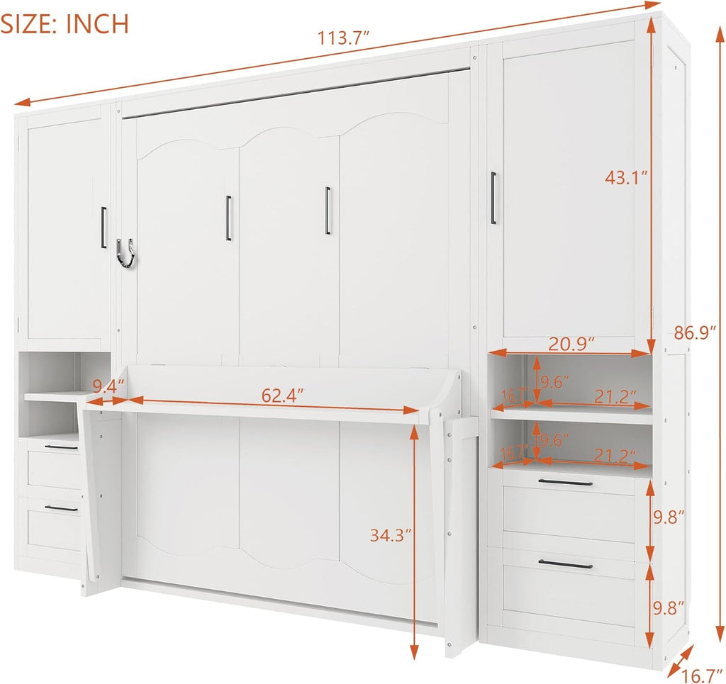 Queen Murphy Bed with Desk, Closet, Drawers and Shelves, Fold into the Wall, Space-Saving Foldable Wood Platform Bed