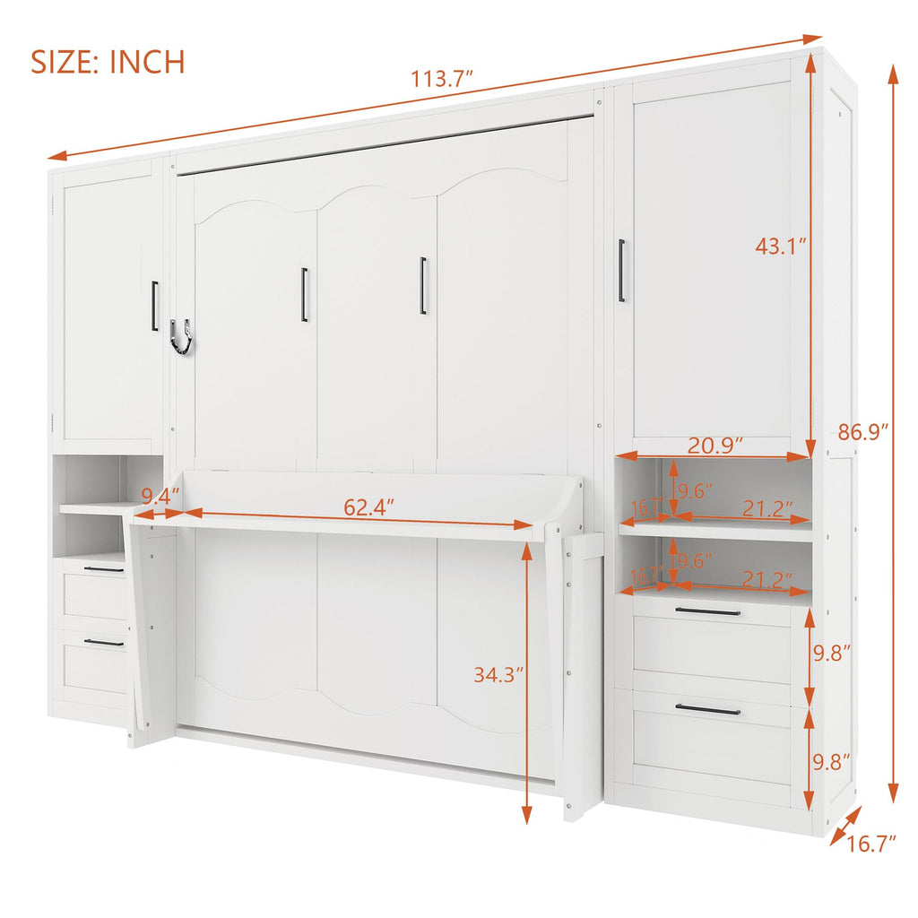 Queen Size Murphy Bed with Desk, Multifunctional Foldable Wall Bed with Closet, Drawers and Shelves, Space-Saving