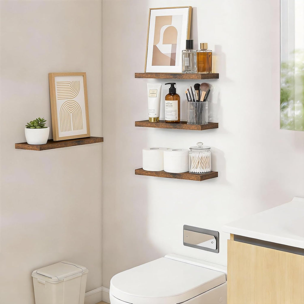 Rustic Brown Bathroom Floating Shelves, 15.7in, 3Pk, Wall Mount Shelf | 22lbs Max Load, Hidden Bracket, Bedroom
