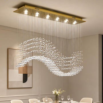12-Lights Modern Crystal Chandeliers, Luxury Wave Raindrop Crystal Pedant Light Fixture, Rectangular Flush Mount