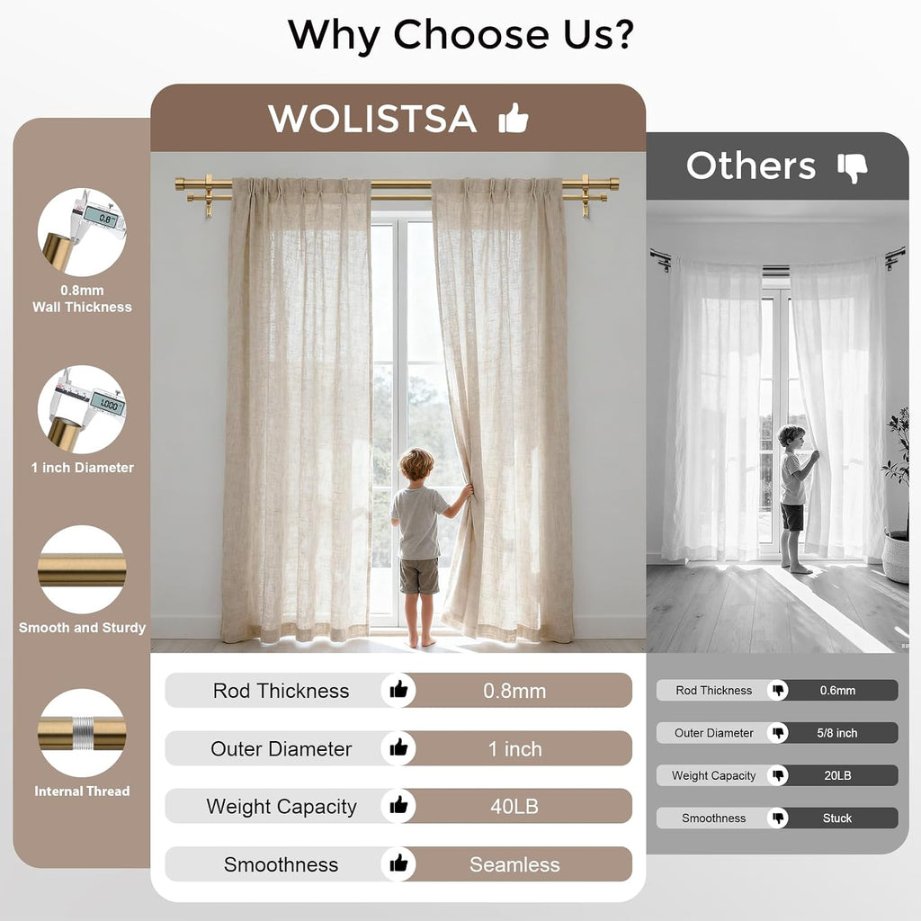 Double Curtain Rod, 36-60 Inch Warm Gold Heavy Duty Dual Rods