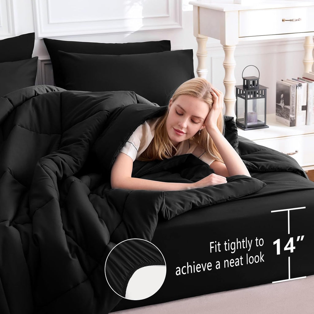 Comforter Set Black, 7 Pieces Bed in a Bag, Black Comforter