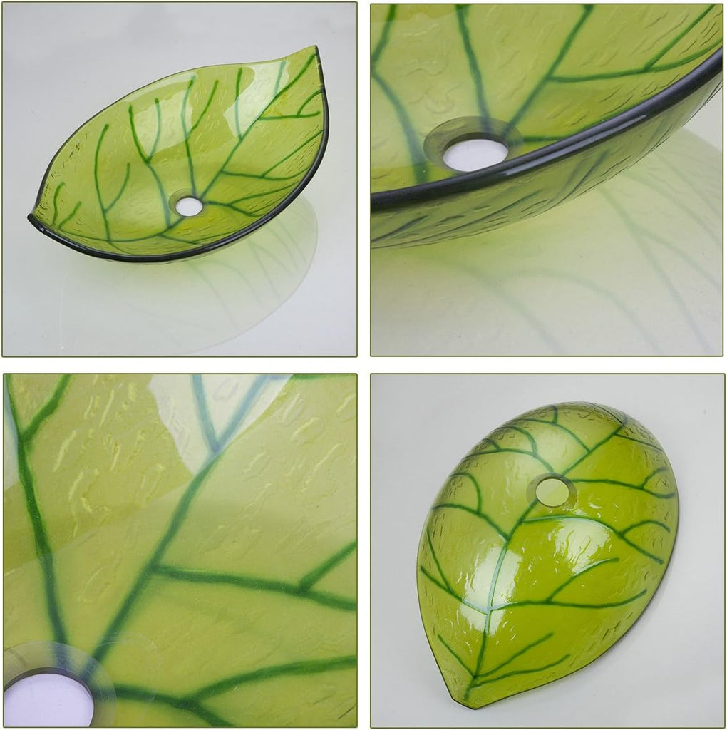 Vessel Sink Leaf Shape Tempered Glass Washing Basin Bowl Waterfall Chrome Faucet Mixer Tap Pop Up Drain Deck Mounted Set