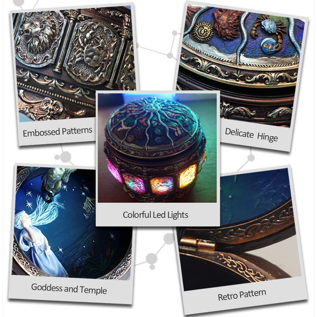 Vintage Music Box with Constellations Rotating Goddess LED Lights Twinkling Resin Carved Mechanism Musical Box with