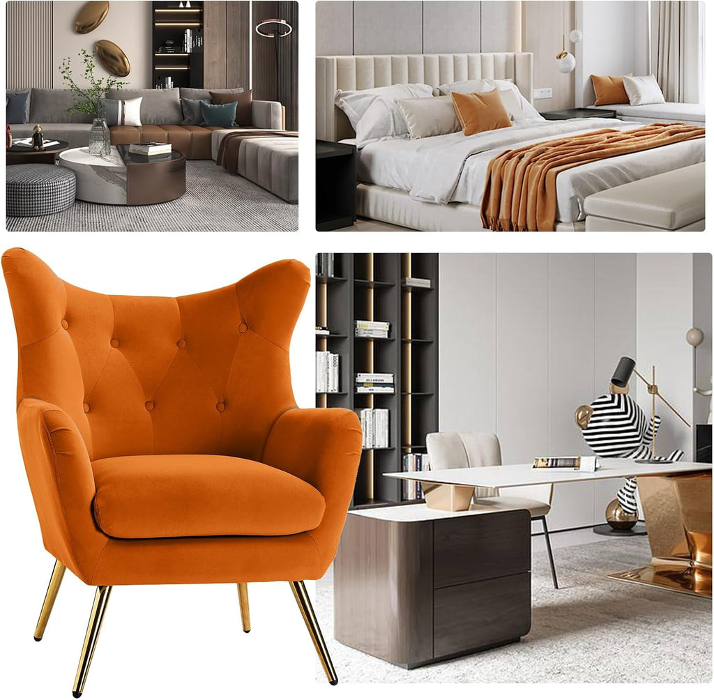 Velvet Tufted Accent Chair, Modern Wingback Arm Chair, Orange | Metal Gold Legs, Wood Frame, Velvet Tufted