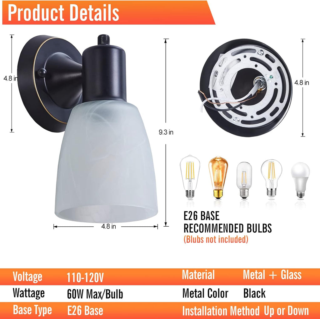 Wall Sconces Set of 2, Matte Black Vanity Lights , Modern Wall Light Fixtures with Rotary Switch, Wall Mount Light