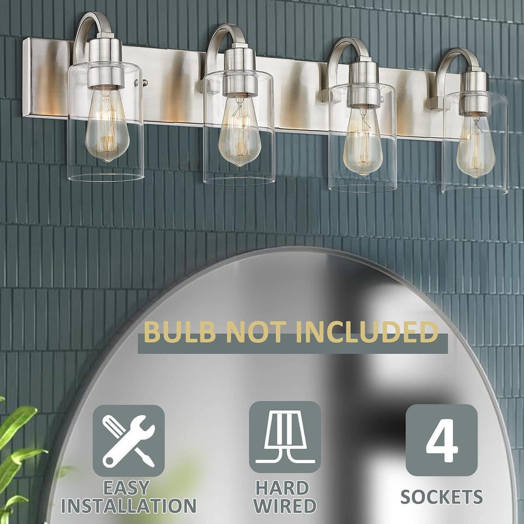 4-Light Vanity Light Fixture - Modern Bathroom Lighting Fixture, Brushed Nickel Finish with Clear Glass, YCE237B-4W BN