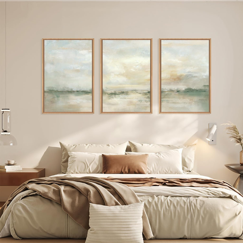 Large Abstract Green Gray Pastel Framed Canvas Wall Art,Neutral Landscape Wall Decor,Modern Watercolor Lake