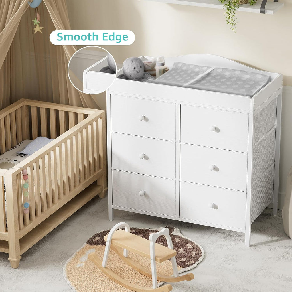 White Changing Table Dresser with 6 Drawers Baby Dresser with Changing Table Top Diaper Changing Station with Storage