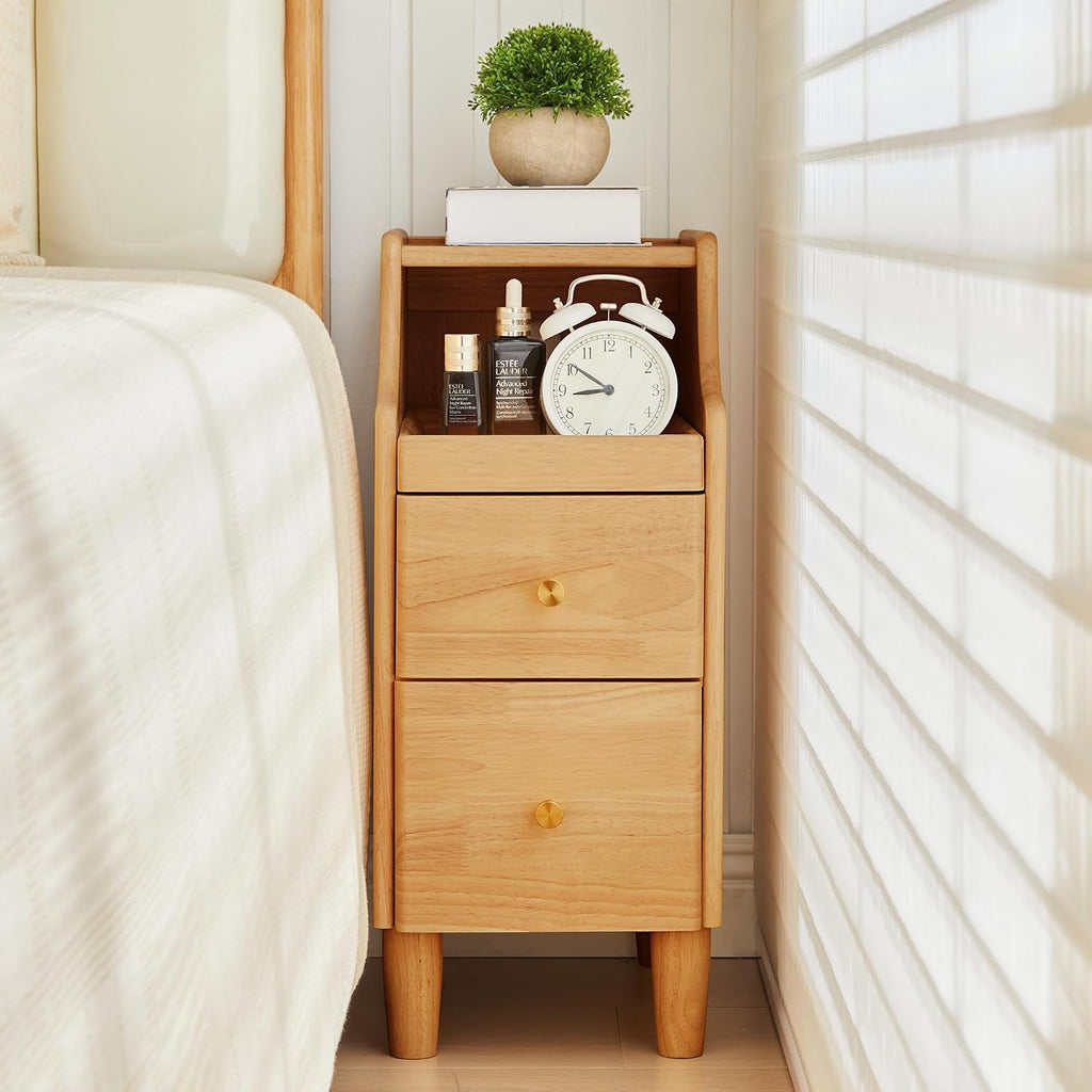 Solid Wood Narrow Nightstand, Slim Bedside Table with 2 Drawers & Slide-Out Tray, Mid-Century Modern End Table Side