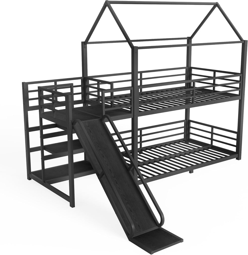 Metal Bunk beds Twin Over Twin with Slide and Storage Stairs, House Floor bunk Bed with guardrail for Kids,Black