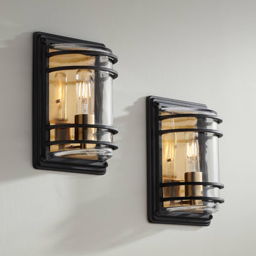 Modern Industrial Wall Light Sconces Set of 2 Black Brass Hardwire 7 1/2" Fixture Clear Glass Shade for Bedroom Bathroom Bedside Vanity Living Room Home Hallway Dining