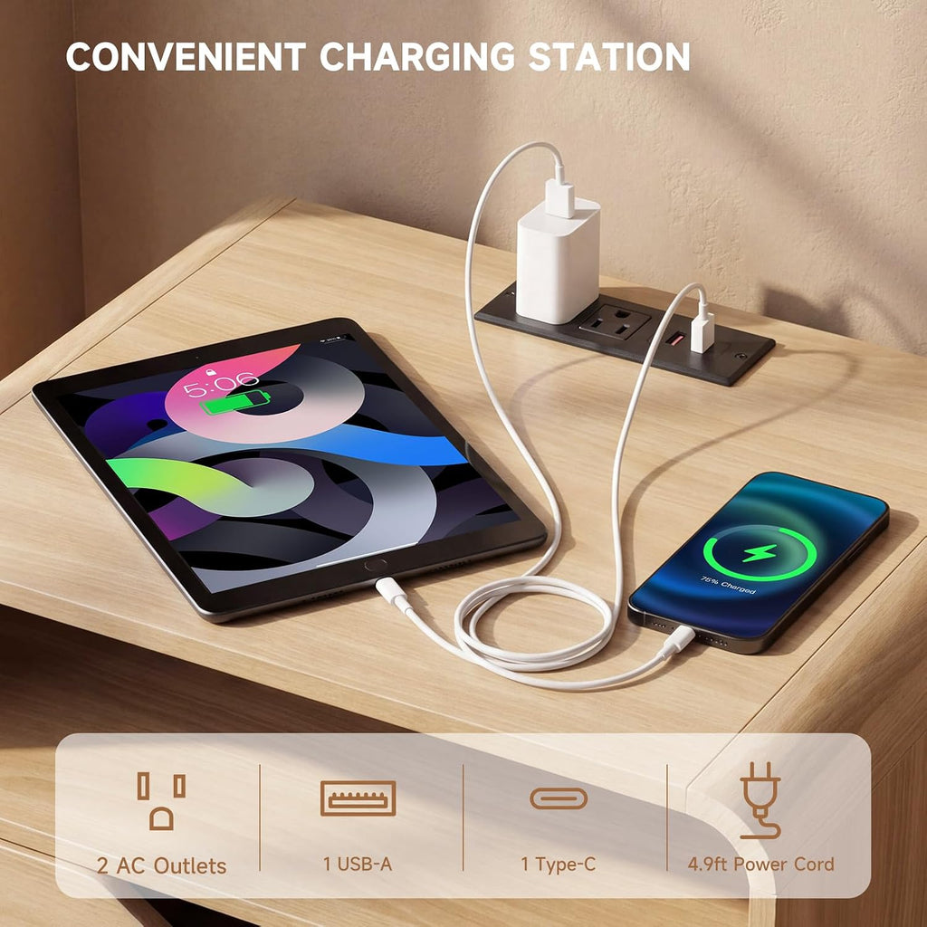 Nightstand with Charging Station, Modern Night Stand with LED Light, 23.6" Wide Wood Bed Side Table Bedroom, Large