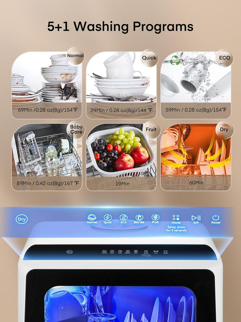 Countertop Dishwasher with Delay Start, No Hookup Needed, 5+1 Wash Programs, 360° Dual Spray, 167° High-Temp Wash