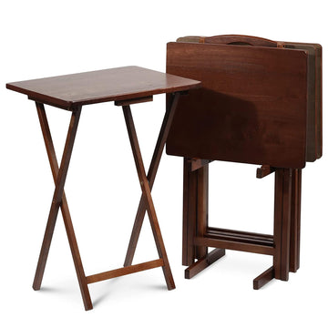5-Piece Folding Tray Table Set - Walnut with Rack
